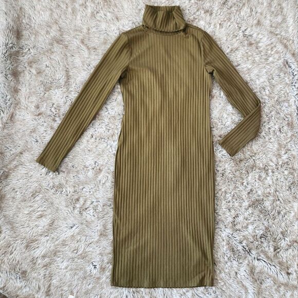 Marciano Long Sleeve Turtleneck Ribbed Midi Dress Olive Green Women's Medium - Picture 1 of 11
